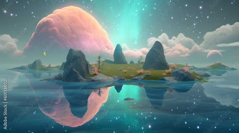 Poster a computer generated image of an island in the middle of a body of water. generative ai