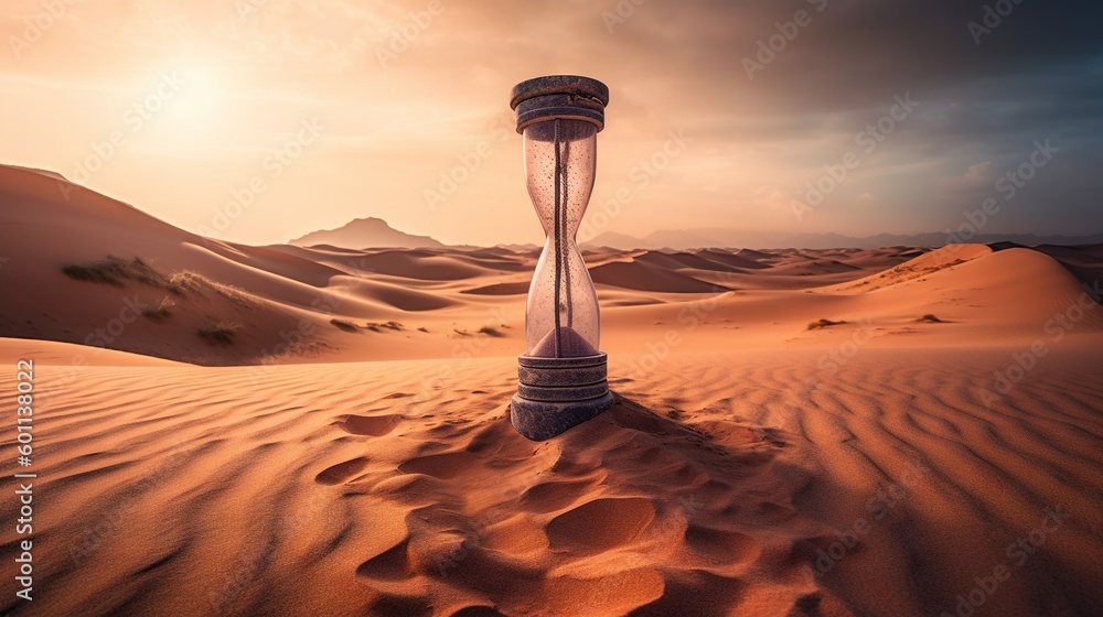 Poster a desert with sand dunes and a tower in the middle. generative ai