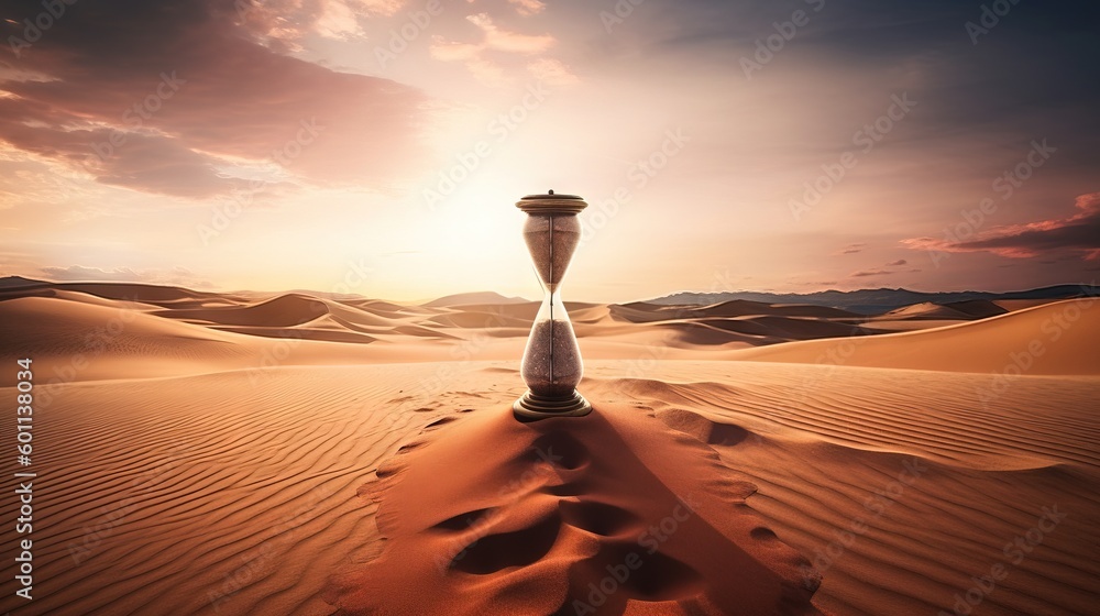 Poster a sand dune with a sand clock in the middle of it. generative ai