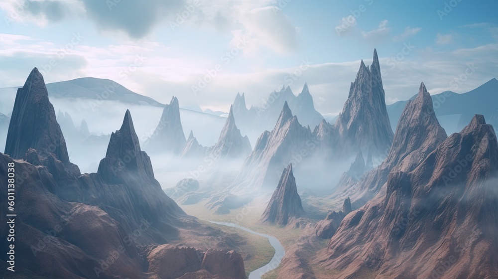 Poster a computer generated image of a mountain landscape with a river running through it. generative ai