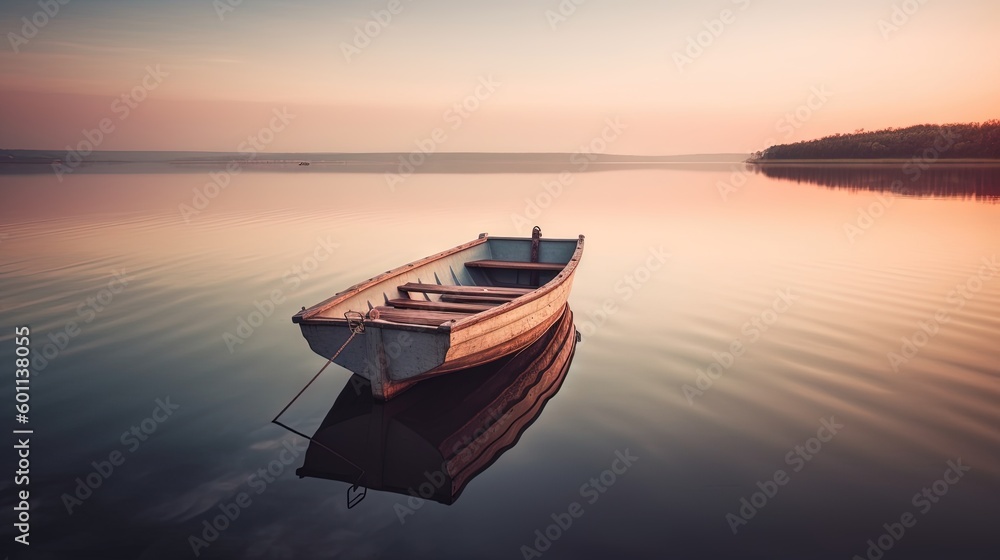 Poster a boat floating on top of a lake next to a forest. generative ai