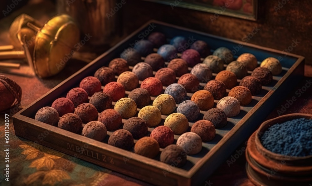 Poster a box of chocolates sitting on a table next to a bowl of blue powder. generative ai