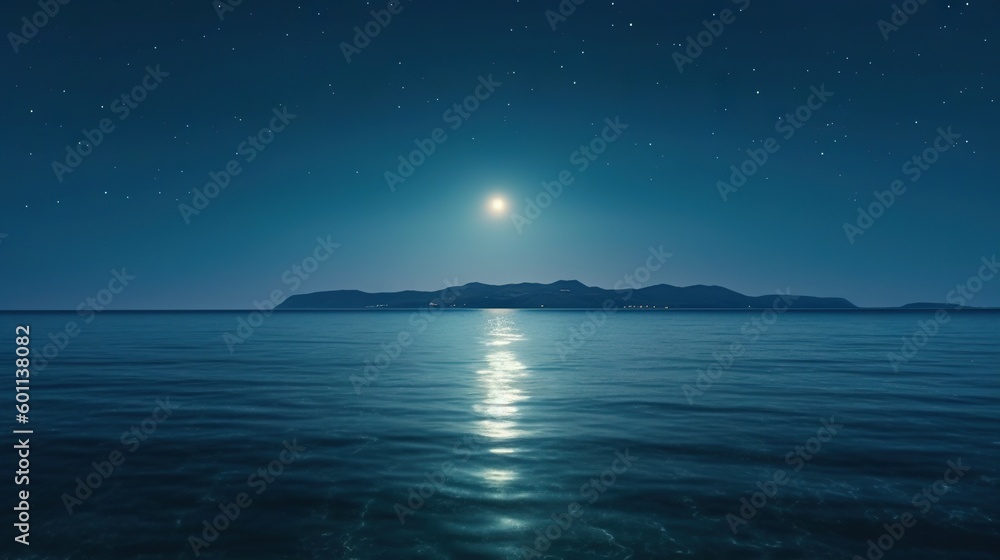 Poster a full moon over a body of water with mountains in the background. generative ai