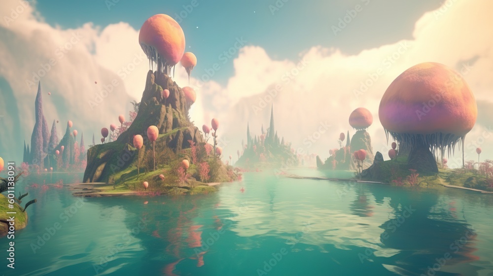 Poster a computer generated image of an island with floating plants and mushrooms. generative ai