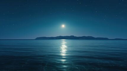 Naklejka na ściany i meble a full moon over a body of water with mountains in the background. generative ai