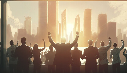 Rear view of businessman joy at success on the roof of a high-rise building in the midst of a big cityscape. businessman successful concept. AI Generative, illustration