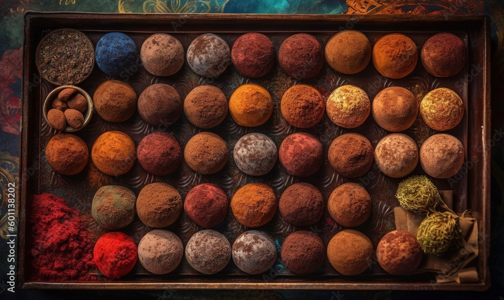 Poster a box filled with lots of different types of chocolates. generative ai