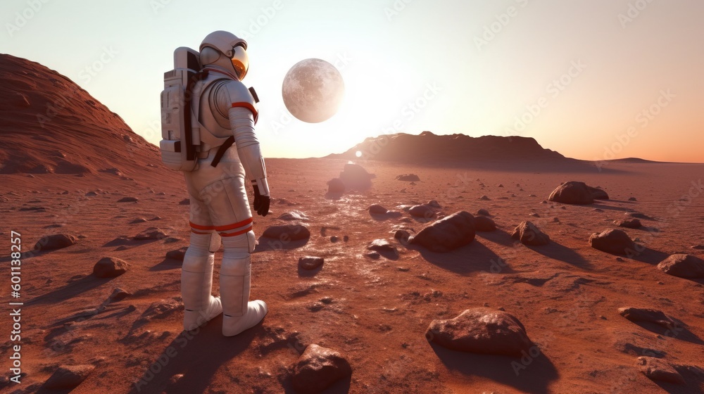 Poster  a man in a space suit standing on top of a desert.  generative ai