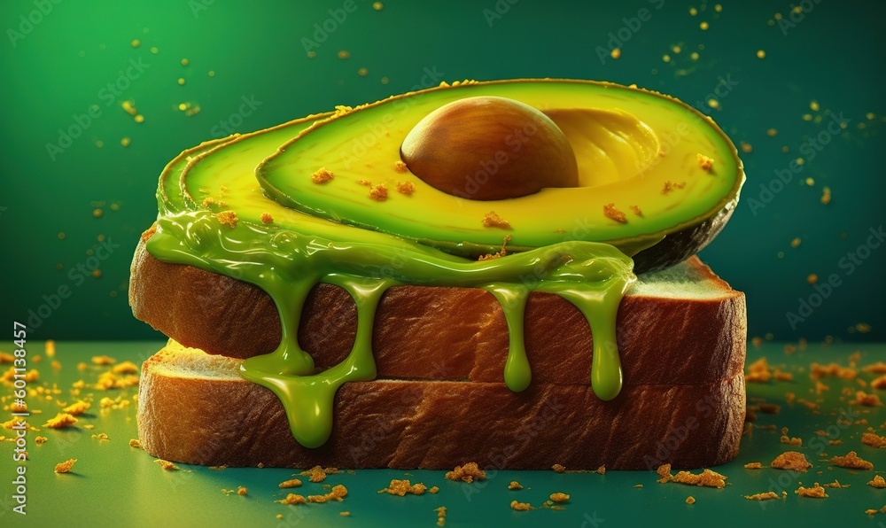 Poster an avocado on a piece of bread with a drizzle of green liquid. generative ai
