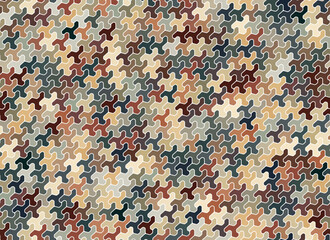 Multicolored geometric mosaic with interlocking tiles in grey, brown, and green. Seamless repeating pattern. Vector image. Great as texture, background, wrapping paper, and textile.