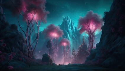 Fantasy forest scene with glowing A forest with a blue light and a forest with fireflies in the sky 