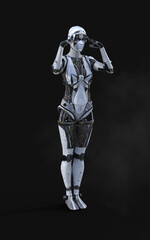 3D rendering of a female android robot posing on black background with clipping path.