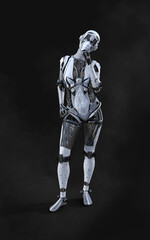 3D rendering of a female android robot posing on black background with clipping path.