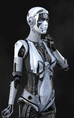 3D rendering of a female android robot posing on black background with clipping path.