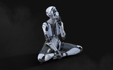 Obraz na płótnie Canvas 3D rendering of a female android robot posing on black background with clipping path.