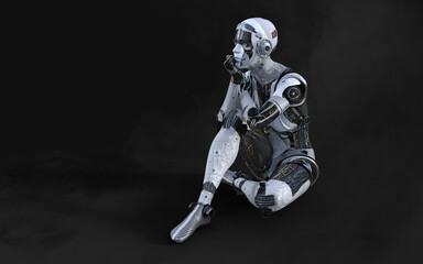 3D rendering of a female android robot posing on black background with clipping path.