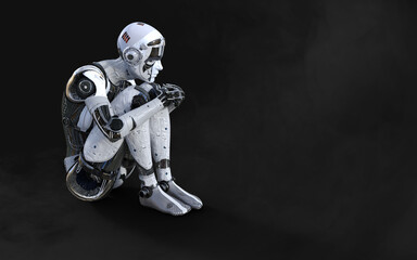 3D rendering of a female android robot posing on black background with clipping path.