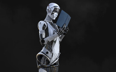 3D rendering of a female android robot posing on black background with clipping path.