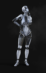 3D rendering of a female android robot posing on black background with clipping path.