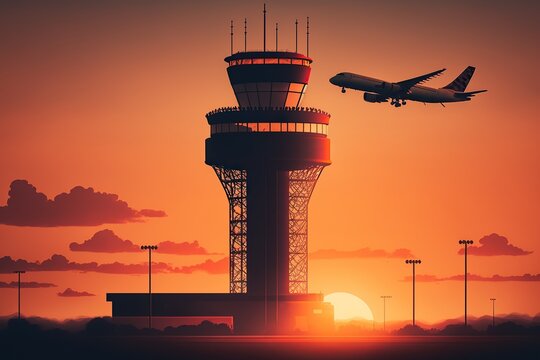 Passenger plane flies behind  the airport control tower at dusk. AI generated.