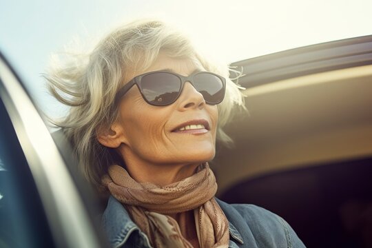 A mature, retired woman, wearing sunglasses, enjoys her day off. Ai generated.