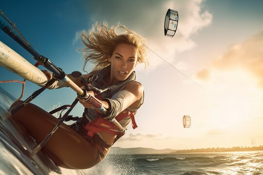 A young woman has fun practicing kitesurfing. Ai generated.