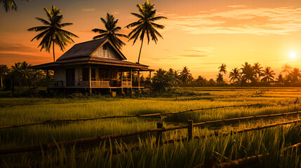 Amidst the yellow rice fields of Northeast Thailand, there stood a small house built from locally sourced materials, Generative AI