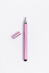 Pink stylus for tablet on white background. Vertical. Stylus for drawing on the touch screen....