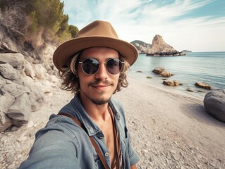 Fototapeta premium Selfie im Sommerlicher Urlaub. Glücklicher Mann auf Tour am Strand., generative AI.