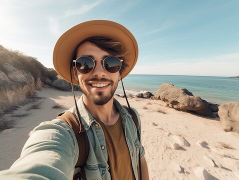 Selfie im Sommerlicher Urlaub. Gl&uuml;cklicher Mann auf Tour am Strand., generative AI.