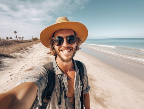 Selfie im Sommerlicher Urlaub. Glücklicher Mann auf Tour am Strand., generative AI.