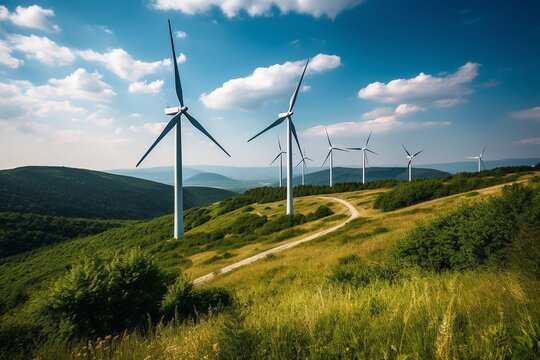 Field of Wind Turbines Spinning Against Bright Blue Sky with Puffy White Clouds, Surrounded by Lush Green Hills