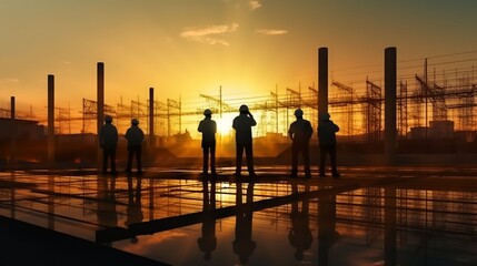 Fototapeta na wymiar Silhouettes of Engineers and workers inspecting a project on a building site background, construction site at sunset, Generative AI