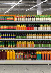 Juice bottles on shelf at supermarket mockup. Suitable for presenting new juice and soda pop cans bottles and label designs among many others - obrazy, fototapety, plakaty