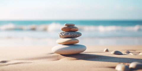 Fototapeta na wymiar Stacked zen stones sand background art of balance.