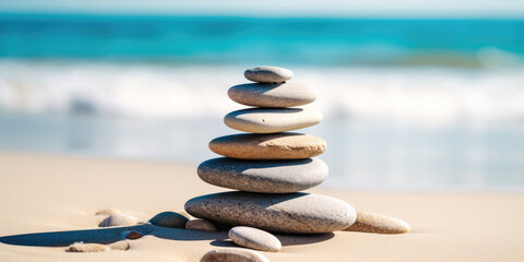 Stacked zen stones sand background art of balance.