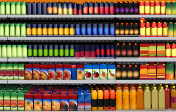 Juice bottles on shelf at supermarket mockup. Suitable for presenting new juice and soda pop cans bottles and label designs among many others