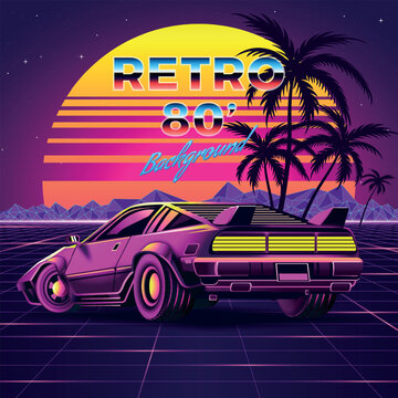 Retro Car With Vintage Background 80`s Style