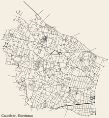 Fototapeta na wymiar Detailed hand-drawn navigational urban street roads map of the CAUDERAN QUARTER of the French city of BORDEAUX, France with vivid road lines and name tag on solid background
