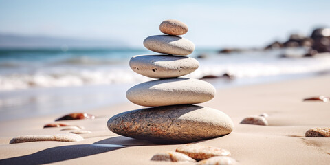 Fototapeta na wymiar Stacked zen stones sand background art of balance.