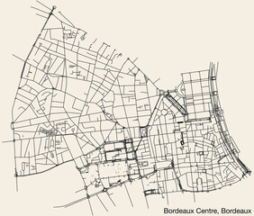 Detailed hand-drawn navigational urban street roads map of the BORDEAUX CENTRE QUARTER of the French city of BORDEAUX, France with vivid road lines and name tag on solid background