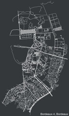 Detailed hand-drawn navigational urban street roads map of the BORDEAUX-4 CANTON of the French city of BORDEAUX, France with vivid road lines and name tag on solid background
