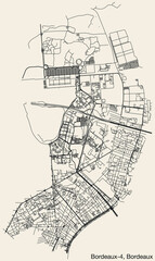 Obraz premium Detailed hand-drawn navigational urban street roads map of the BORDEAUX-4 CANTON of the French city of BORDEAUX, France with vivid road lines and name tag on solid background