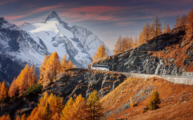 Incredible vivid landscape. Beautiful scenery with alpine highland valley full of golden trees in the foreground and white snowy mountains in the background. Grossglockner High Alpine Road