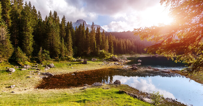 Amazing nature scenery. Wonderful landscape with forest, calm lake in the mountains. Stunning nature landscape under sunlight