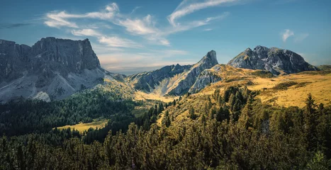 Fototapeten A magnificent panorama of the mountains. Wonderful nature landscape. Amazing Sunny day in Dolomites Alps. Incredible natural scenery. Famous alpine place of the world. Picture of wild area. © jenyateua