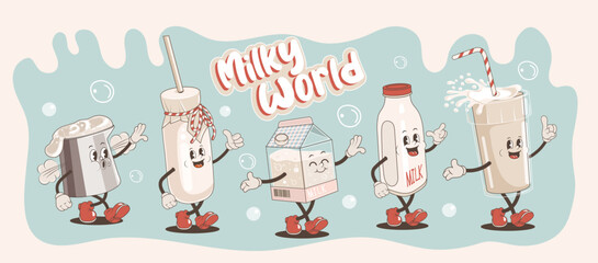Set of cute groovy milk characters and elements for poster of sticker design. Retro character, hippie 70s style, milk mascots, bottle, package, milk foam. Vintage vector set