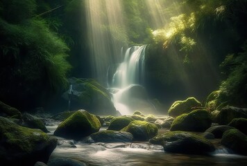 A waterfall in the forest with the sun shining through the trees Natural waterfall with rocks moss