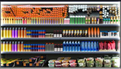 Open refrigerators in supermarket with brand less packagings and bottles of juice, coffee, energy drink, water, smoothy, salad, puree and different types of food. Mock-up, illustration. - obrazy, fototapety, plakaty