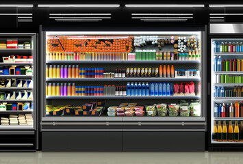 Open refrigerators in supermarket with brand less packagings and bottles of juice, coffee, energy drink, water, smoothy, salad, puree and different types of food. Mock-up, illustration. - obrazy, fototapety, plakaty